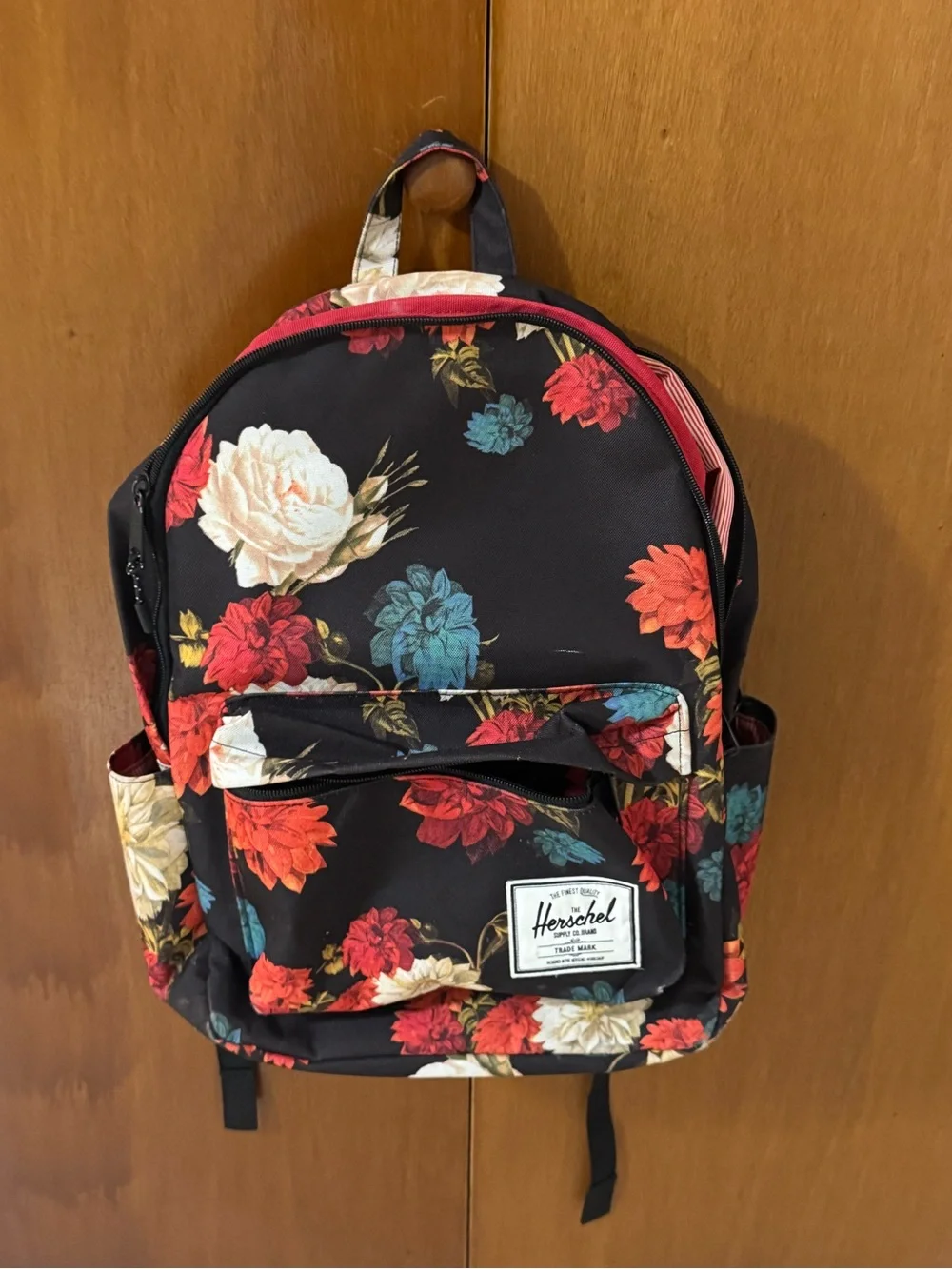 Herschel Supply Company Black Floral Backpack with Red & Teal Accents